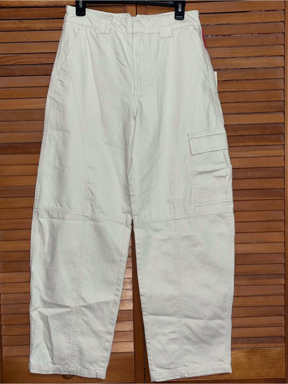 Woolrich Mid-Rise Barrel Leg Cargo Denim Pants in Cream
